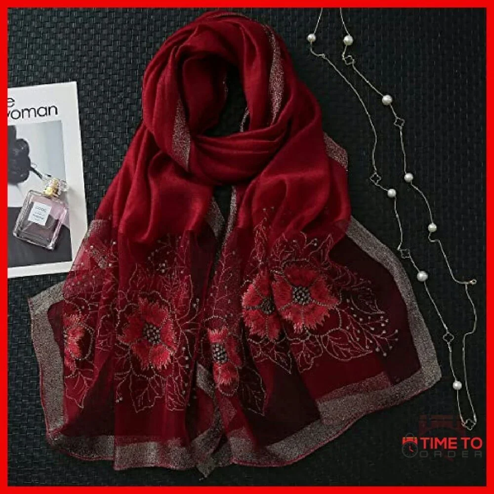 Extra Long Large Silk Blend Scarf Shawl Wrap Embroidered Floral Pattern